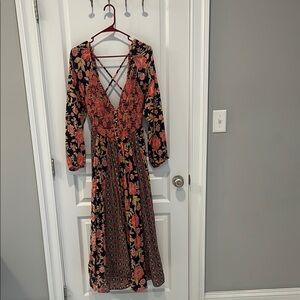 Floral Long Sleeve Dress - Dark Plum and Coral.